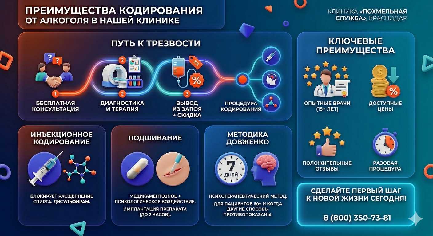 Инфографика о методах кодирования от алкоголя в Глубоком: инъекции, подшивание, метод Довженко. Преимущества клиники и этапы лечения.