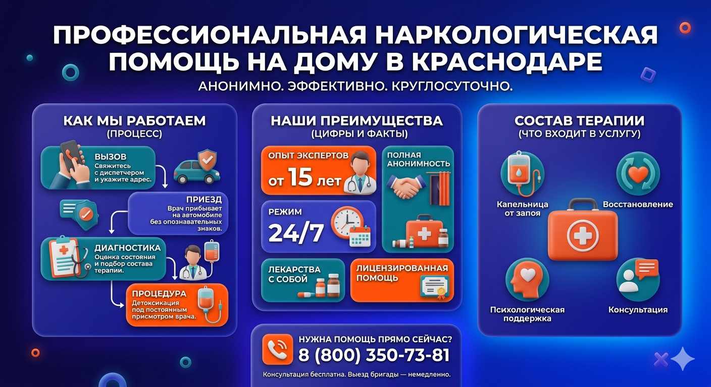Инфографика о принципах лечения алкоголизма на дому в Глубоком: этапы вызова нарколога, преимущества анонимной детоксикации и состав медицинской помощи.